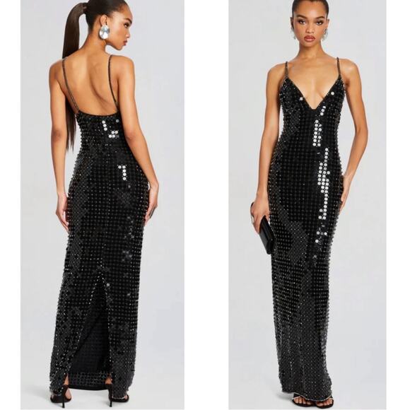 Retrofete Perri Mirrored Sequin Embellished Bodycon Black Maxi Dress Sz Small - Picture 1 of 15
